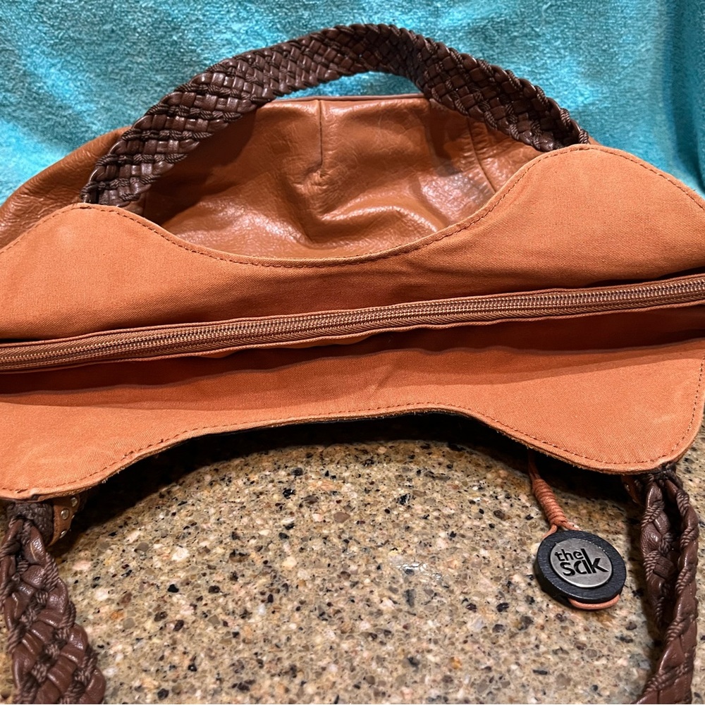 The Sak Brown Leather Shoulder Bag with Pink & Cream Embroidered Trim - Picture 13 of 15